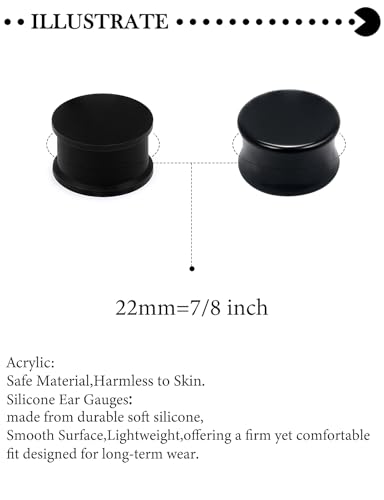 6G-25mm Acrylic and Silicone Black Gauges Tunnels Plugs for Ears Double Flare Gauge Stretching Kit Ear Expander Piercing Jewelry for Women Men - color: 22mm = 7/8 inch = 0.87 inch