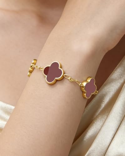 Four Leaf Clover Bracelet 18K Gold Plated Bracelets for Women Lucky Flower Design Stainless Steel Hypoallergenic Link Chain Adjustable Dainty Trendy Jewelry Gifts for Women - color: Red
