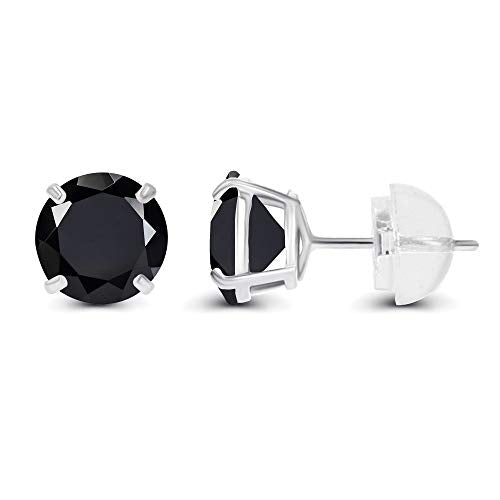 Solid 14K Yellow, White or Rose Gold 4mm Round Genuine Gemstone Birthstone Prong Set Stud Earrings For Women - color: Onyx