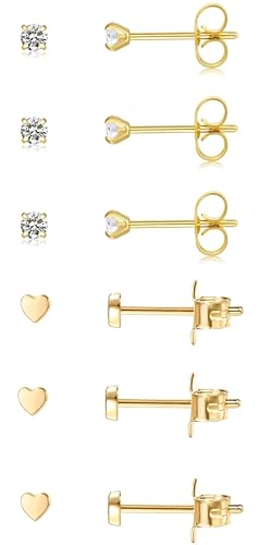 6Pairs 2mm/3mm Surgical Steel Hypoallergenic Piercing Studs, 20G 14K Real Gold Filled Tiny Stud Earrings Set for Multiple Hole Piercing (Cubic Zirconia, Pearl, Ball) - style: T : 3MM, Gold, Heart&CZ, 6 Pairs