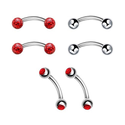 6pc 16G 6/8/10mm Bar Surgical Steel Curved Barbell Coated Crystal Eyebrow Ring Ear Body Piercing Jewelry Set - color: red