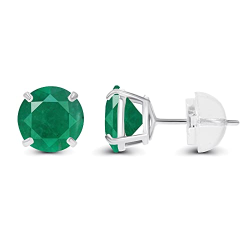 Solid 925 Sterling Silver Gold Plated 6mm Round Genuine Birthstone Gemstone Hypoallergenic Stud Earrings For Women - color: Emerald Genuine