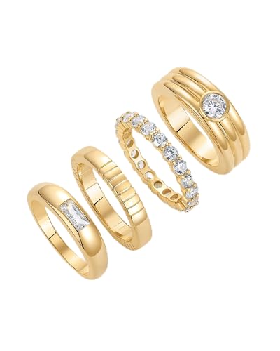 PAVOI 14K Gold Plated Stackable Rings for Women - Dainty Stackable Gold Ring Set of Four with Cubic Zirconia Multi-Bands - Trendy Fashion Jewelry - color: Yellow Gold