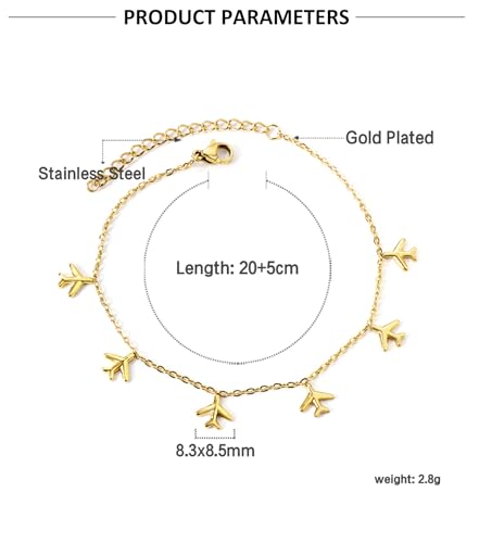 Airplane Anklet for Women Dainty Adjustable Gold Link Fly Plane Charm Foot Chain Stainless Steel Stacking Airline Pendant Bracelet Anklets Simple Statement Ankle World Travel Souvenir Jewelry Freedom Lover Wanderlust Gifts