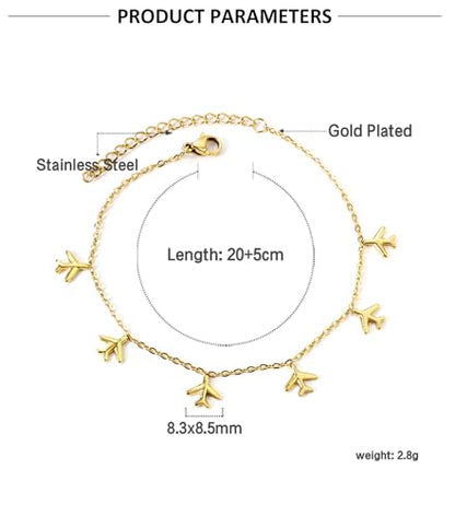 Airplane Anklet for Women Dainty Adjustable Gold Link Fly Plane Charm Foot Chain Stainless Steel Stacking Airline Pendant Bracelet Anklets Simple Statement Ankle World Travel Souvenir Jewelry Freedom Lover Wanderlust Gifts