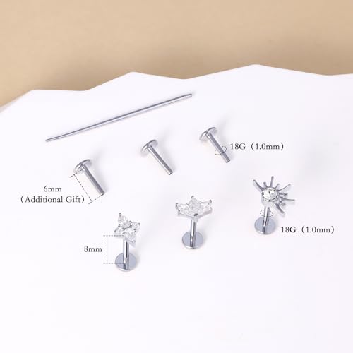 limerencia Titanium Internally Threaded Flat Back Earrings, 3 Pcs Implant Grade Hypoallergenic Studs, 18G Tragus Helix Conch Cartilage Piercing Jewelry for Sensitive Ears Women Men, Gold/Silver - color: Silver-Vibe D