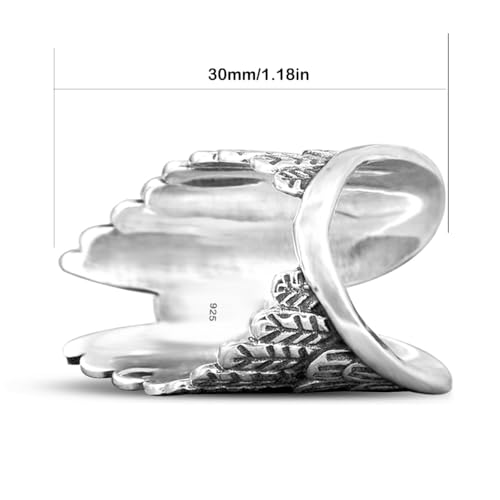 Oval Genuine Gemstone Angel Wings Wide Band Ring,Retro S925 Sterling Silver Full Finger Chunky Statement Band Ring for Women - color: A03_Epidote Jasper