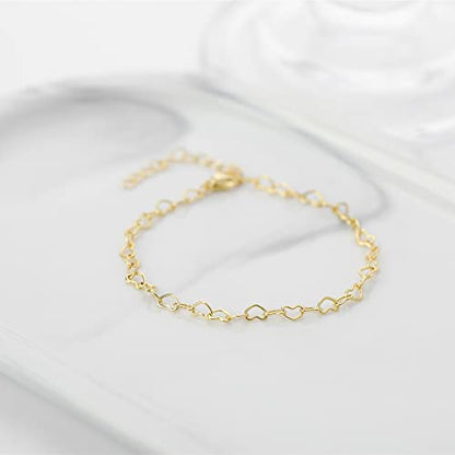 Womens Dainty Gold Chain Bracelet,Simple Layered Chain Bracelets,Beaded Turquoise Bracelet,Charm Crystal Bar,Heart,Karma,Triangle,Pearl Bracelets for Women - color: Heart Chain