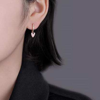 Reffeer Solid 925 Sterling Silver Small Love Heart Drop Earrings Hoop for Women Teen Girls Heart Hoop Earrings Huggie - color: C-Rose