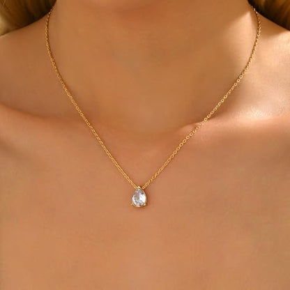 Cubic Zirconia Necklaces for Women 18K Gold Plated Tear drop Necklace Dainty Layered CZ Lariat Diamond Necklace - color: White Teardrop-Gold