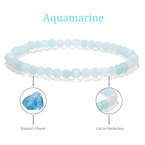 Natural Faceted Crystal Bracelet for Women,4mm Gemstone Round Beads Bracelets Adjustable Stretchy Healing Crystal Beads Bracelets Dainty Jewelry Gift - color: Aquamarine