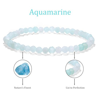 Natural Faceted Crystal Bracelet for Women,4mm Gemstone Round Beads Bracelets Adjustable Stretchy Healing Crystal Beads Bracelets Dainty Jewelry Gift - color: Aquamarine