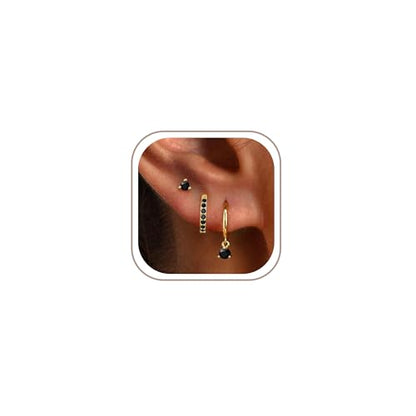 Freekiss 3 Pairs Hoop Earrings Set - Dainty Stud Dangle Cartilage for Women | Hypoallergenic Earrings, Cubic Zirconia Stackable Trendy Small Set Jewelry Gifts for Women - style: Black Onyx Style-GD