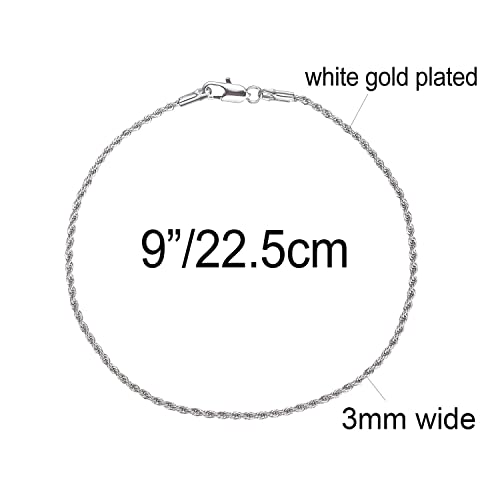 kelistom 18K Gold/White Gold Plated Rope Chain Anklet, 3mm Stainless Steel Ankle Bracelets for Women and Men, 9 10 11 inches - color: WHITE GOLD