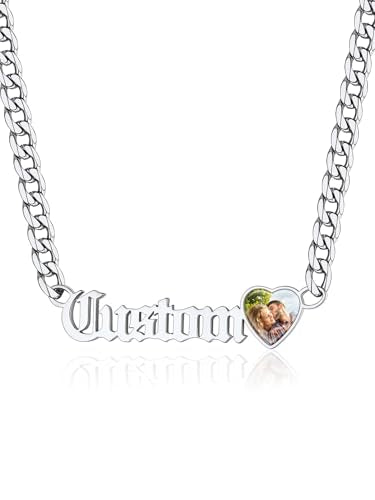 GoldChic JEWELRY Name Necklace Personalized for Men, Womens Custom Name Plate Chain, Stainless Steel Customized Old English Nameplate Choker with Curb Chains Custom, 16 inches to 30 inches - color: Photo & Cuban Chain 6 mm - Steel