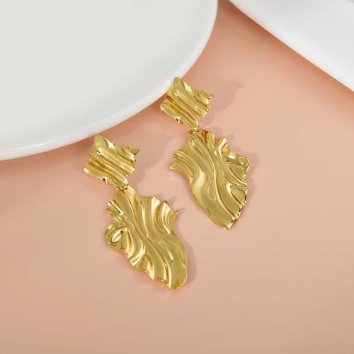 Large Geometric Drop Dangle Earrings for Women Pearl Teardrop Disc Rectangle Oval Fishtail Shell Shaped Textured Dangle Studs Earrings for Women - color: Gold-Textured