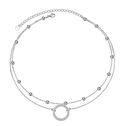Ladytree S925 Sterling Silver Dainty Simple Choker Necklace,Rolo Chain,Adjustable 13 inches to 16 inches - style: 13_Layer CZ Circle Choker