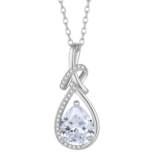 Infinity Teardrop Necklace Silver Tone Pendant Birthstone Jewelry for Women - color: Clear White