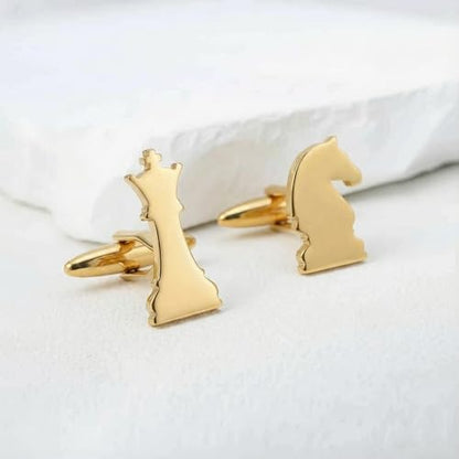 Men’s Chess Piece Cufflinks – Stainless Steel Game-Themed Cuff Links with Gift Box & Polishing Cloth – Available in Silver & Gold