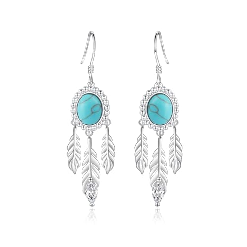 Turquoise Feather Earrings for Women - Silver Western Turquoise Earrings | Boho Feather Hook Earring Western Jewelry Gifts for Birthday