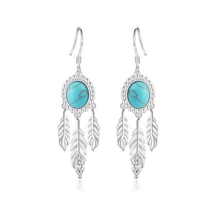 Turquoise Feather Earrings for Women - Silver Western Turquoise Earrings | Boho Feather Hook Earring Western Jewelry Gifts for Birthday