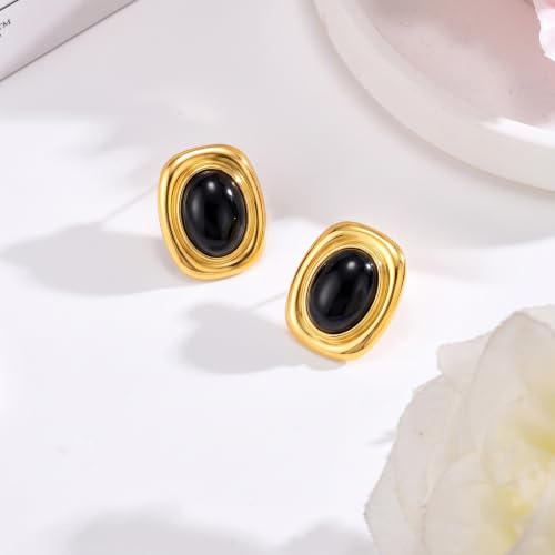 Chunky Gold Stud Earrings for Women 18K Gold Plated Hypoallergenic Chunky Statement Earrings Big Natural Crystal Stone Earring Gift for Women - color: Black Obsidian