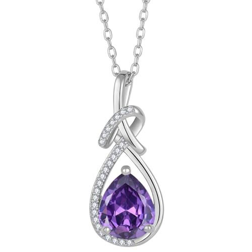 Infinity Teardrop Necklace Silver Tone Pendant Birthstone Jewelry for Women - color: Purple