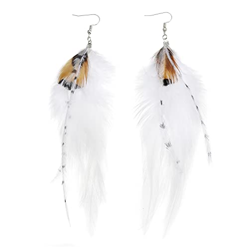 Long Bohemian Pheasant Feathers Statement Earrings Handmade Natural Lightweight Feather Dangle Earrings for Women (ea000067) - color: White
