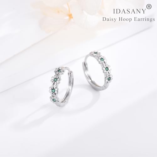 Sterling Silver Hoop Earrings for Women, Dainty Small Huggie Hoop Earrings | Hypoallergenic Daisy Color Cubic Zirconia Flower Hoops Earring Jewellery Gifts for Ladies Birthday Wedding, 12mm Hoop - color: Green