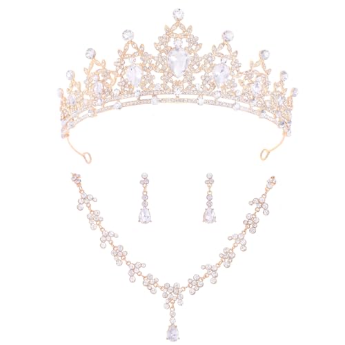 Crystal Crown and Tiara Jewelry Set for Women Bride with Necklace Earrings | Metal Rhinestone Royal Queen Princess Jewelry Set Wedding Quinceanera Pageant Prom Birthday Halloween Party Costume Gift - color: Gold