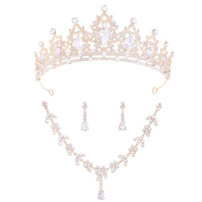 Crystal Crown and Tiara Jewelry Set for Women Bride with Necklace Earrings | Metal Rhinestone Royal Queen Princess Jewelry Set Wedding Quinceanera Pageant Prom Birthday Halloween Party Costume Gift - color: Gold