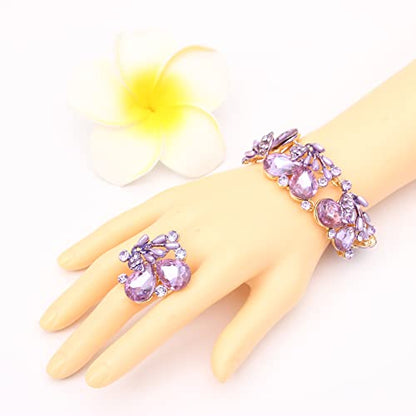 Jewelry Set for Women, Statement Necklace Dangle Earrings Bracelet Ring, White/KC Gold Plated Jewelry Set with Rhinestone Pearl Crystal Wedding Party Jewelry for Bridal Bridesmaid - color: Purple-Gold Plated