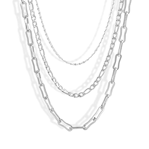 Elegance 11 designs Gold/Silver Stainless Steel Layered Set Necklace Square Linear Paperclip Figaro Chain Flat Chain Thick Short Metal Men's Women's Pop Necklace - color: Silver 3 layers