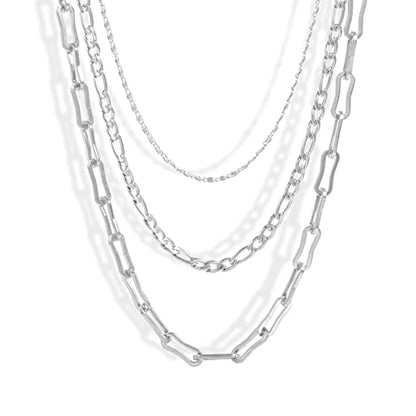 Elegance 11 designs Gold/Silver Stainless Steel Layered Set Necklace Square Linear Paperclip Figaro Chain Flat Chain Thick Short Metal Men's Women's Pop Necklace - color: Silver 3 layers