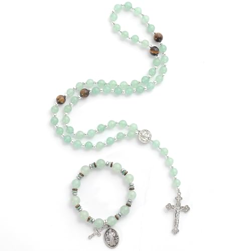 Rosary for Men Women, Natural Stone Beads with St. Benedict Bracelet | 8 mm Natural Stone Prayer Beads with 10 mm Accent Beads, St. Benedict Crucifix, Matching Bracelet, Gift Box and Pouch. - color: Green