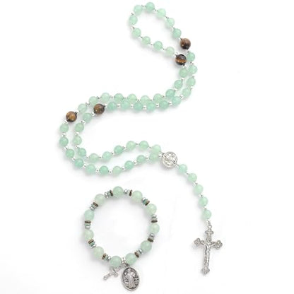 Rosary for Men Women, Natural Stone Beads with St. Benedict Bracelet | 8 mm Natural Stone Prayer Beads with 10 mm Accent Beads, St. Benedict Crucifix, Matching Bracelet, Gift Box and Pouch. - color: Green