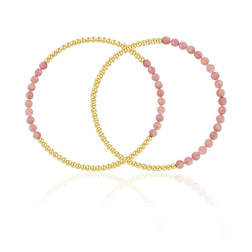 Kainier Gold Beaded Bracelets for Women 2Pairs 14K Gold Plated Stretch Bracelet Set Stackable Tarnish Dainty Natural Stone Bead Bracelets Gift - color: Rose Quartz