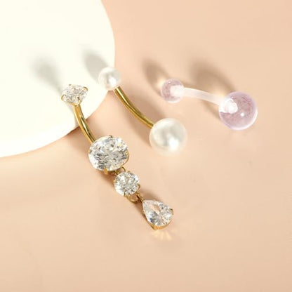 TIANCI FBYJS 3pcs G23 Titanium Pink Belly Button Rings Internally Threaded 10mm Clicker Reverse Curved Hoop Navel Barbell Piercing Jewelry CZ Belly Rings for Women Men - color: gold set4