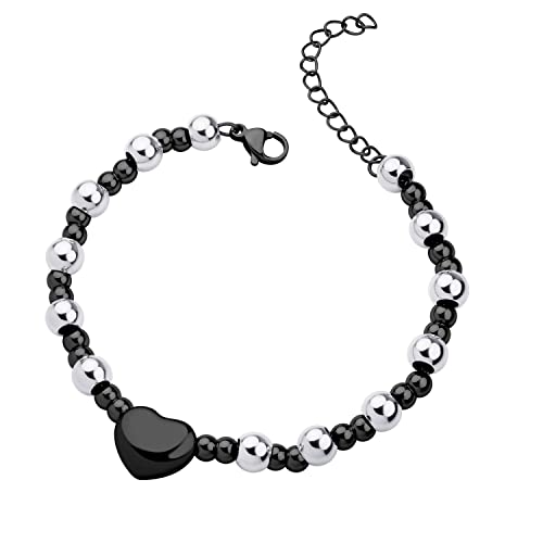 555Jewelry Stainless Steel Beads & Puffed Heart Charm Bracelet for Women & Ladies - color: Silver/Black