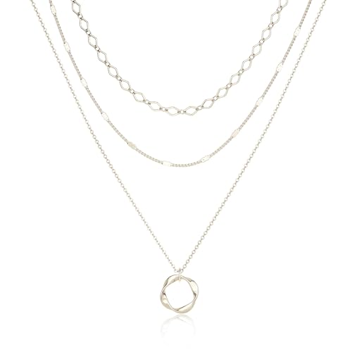 14K Gold Silver Plated Layered Necklaces for Women Trendy | Necklaces for Women Trendy, Stackable Dainty Chain Necklace, Beach Cute Fashion Pendant Choker Necklace, Jewelry Set Gifts - color: 3PCS / Twisted Circle & 2 Chains - Silver