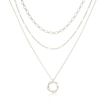 14K Gold Silver Plated Layered Necklaces for Women Trendy | Necklaces for Women Trendy, Stackable Dainty Chain Necklace, Beach Cute Fashion Pendant Choker Necklace, Jewelry Set Gifts - color: 3PCS / Twisted Circle & 2 Chains - Silver