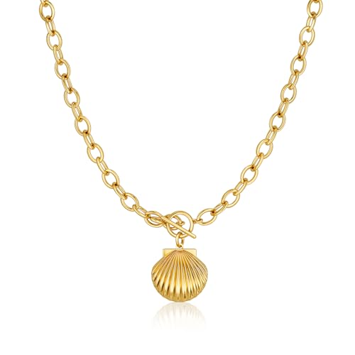 CHESKY 14K Gold Plated Chunky Necklace for Women, Trendy Toggle Clasp | Statement Pendant Necklace, Layered Paperclip Chain, Toggle Clasp Design, Thick Gold Chain, Non Tarnish Everyday Jewelry - color: gold, style: shell