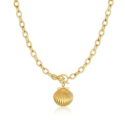 CHESKY 14K Gold Plated Chunky Necklace for Women, Trendy Toggle Clasp | Statement Pendant Necklace, Layered Paperclip Chain, Toggle Clasp Design, Thick Gold Chain, Non Tarnish Everyday Jewelry - color: gold, style: shell