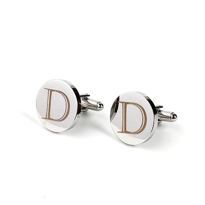 Mens Initial Silver Cufflinks A-Z Alphabet Letter Steel Cuff Links with Engraved Walnut Wood Box Groom Groomsman Wedding Set… - style: D