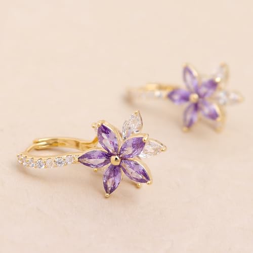 Sonateomber Gold Silver Small Hoop Dangle Earrings for Women, Trendy Dainty Rhinestone CZ Dangling Prom Wedding Leaf Flower Snowflake Butterfly Starfish Fashion Jewelry Gift - color: Purple Flower