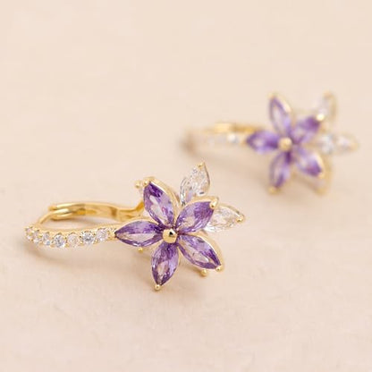 Sonateomber Gold Silver Small Hoop Dangle Earrings for Women, Trendy Dainty Rhinestone CZ Dangling Prom Wedding Leaf Flower Snowflake Butterfly Starfish Fashion Jewelry Gift - color: Purple Flower