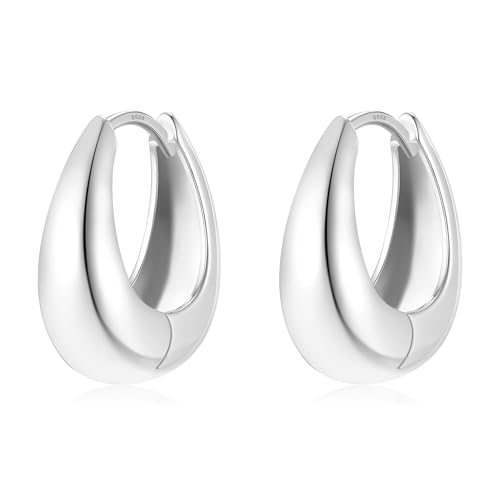 Trendy Small Chunky Hoops Teardrop Huggie Earrings for Women | 925 Sterling Silver Post, 14k Gold or Silver Plated, Hypoallergenic, Oval Thick Hoop Earrings for Women - color: Silver, size: Big