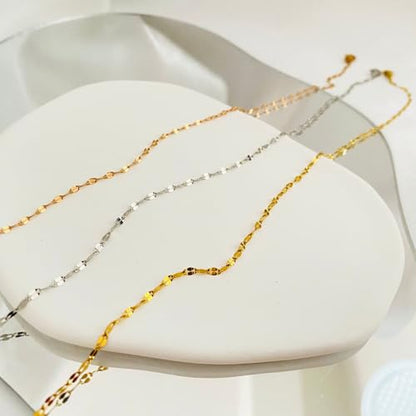 Gold Silver Necklace Chain With Adjustable Lobster Clasp, Diamond Cut Geometric Gold Beads Stationed on Dainty 2mm Cable Box Chain, 16 Inches Rolo Oval Figaro Link Singapore Chain. - color: Silver03