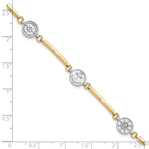 Diamond2Deal 14K Two-tone Gold Polished Compass/Anchor/Ships Wheel Bracelet 7" Plus 1 inch Ext.