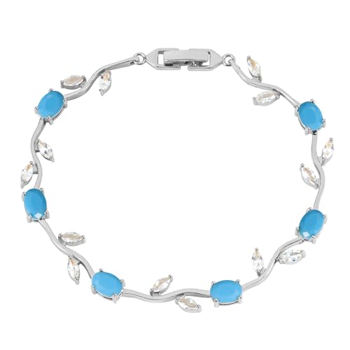 Tulip Flower Bracelet for Women 14K Gold Plated Stainless Steel with Colorful Cubic Zircon Dainty Cute Pink Rose Floral Jewelry Gift for Her Crystal Flower Leaf Bracelets -7.5inch/190mm - color: Blue Turquoise White Gold
